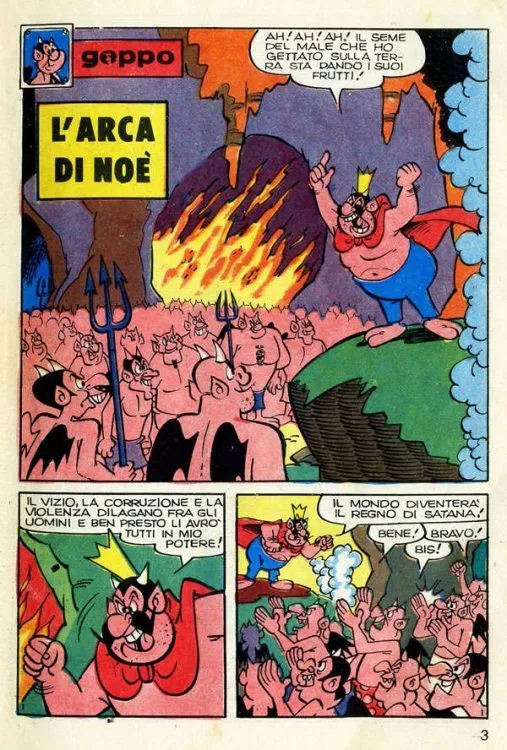 La prima paginadi una storia di Geppo del 1975: "L'arca di Noè", testi di Alberico Motta e disegni di Sandro Dossi